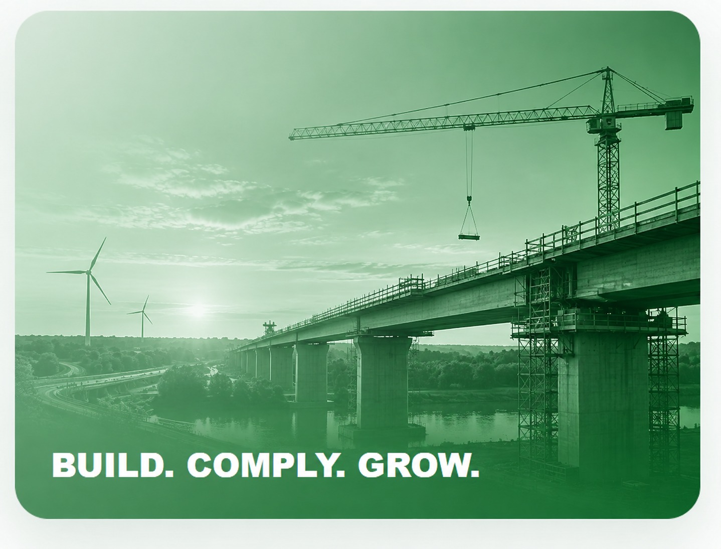 Infrastructure construction with bridge, crane and wind turbines